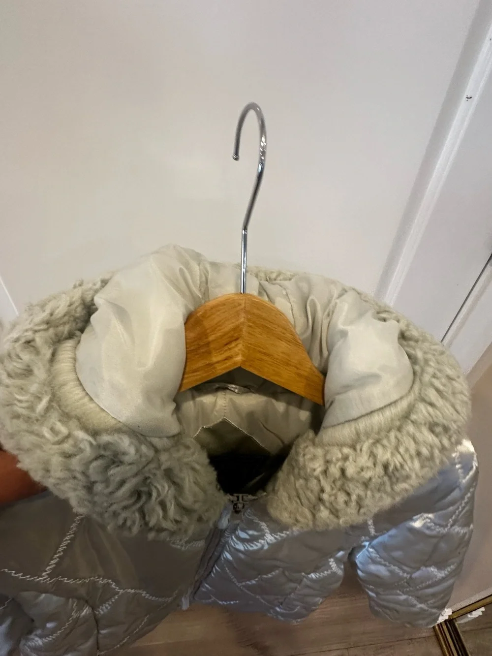 GENERATION Y Shimmery Silver Quilted Puffer with Faux Fur Trim